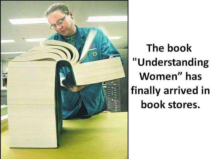 Binlerce sayfası olan devasa bir kitabı inceliyorlar. Üzerine "Kadınları Anlama Kılavuzu" yazmışlar.