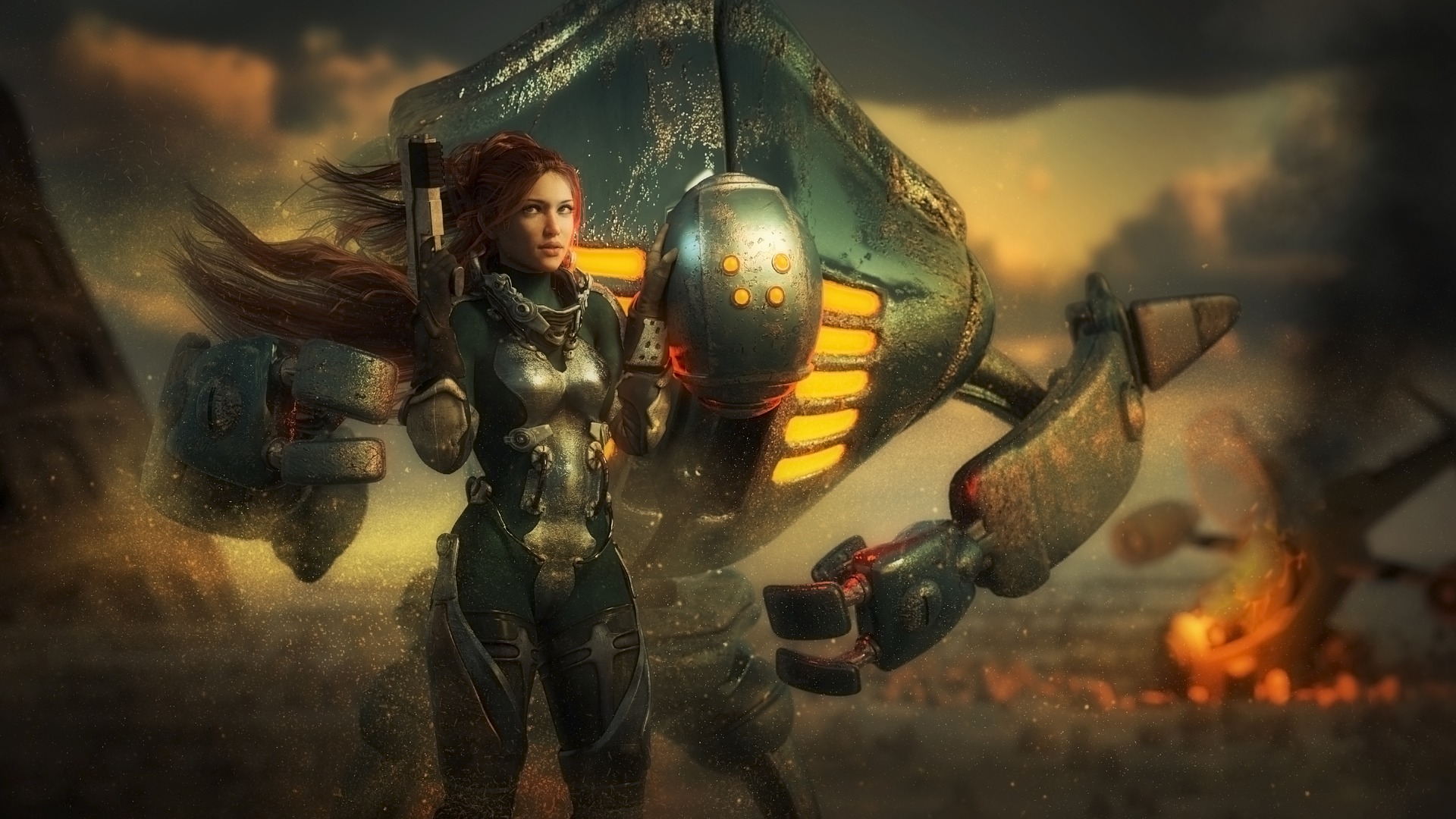 Büyük bir robotun önünde duran savaşçı kız etrafa bakıyor.